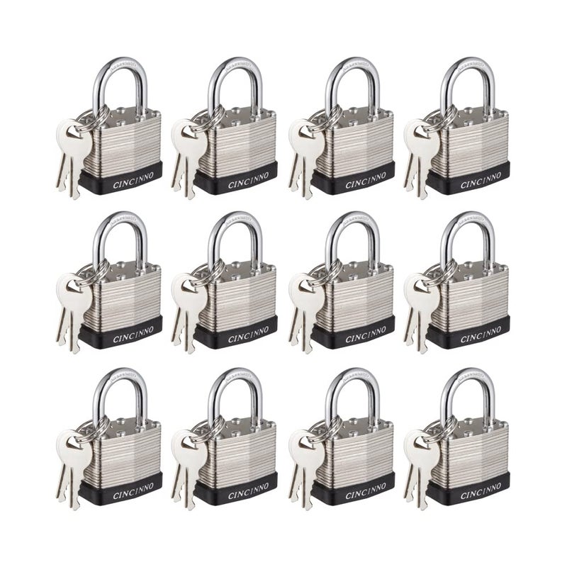 CINCINNO 40mm Keyed Alike Nickel Plated Laminated Steel Padlock, 1-9/16" Wide Body 1-inch Shackle Padlocks with Keys Pack of 12 - Image 1